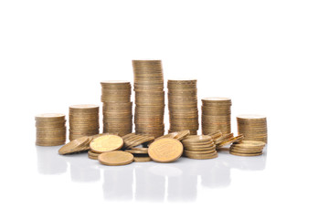 Coin stacks on a white background. Ukrainian hryvnia.