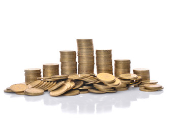 Coin stacks on a white background. Ukrainian hryvnia.