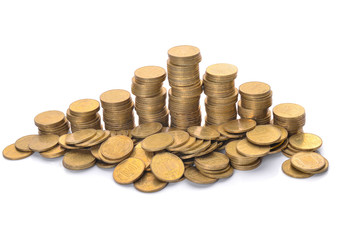 Coin stacks on a white background. Ukrainian hryvnia.