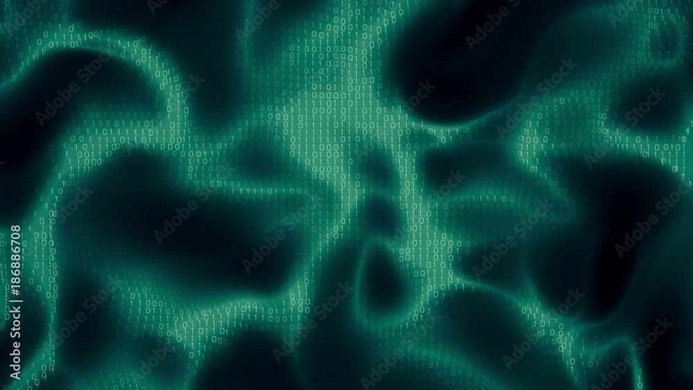 Poster binary code flow with fractal distortion waves. binary cyberspace flow of big data information. loop