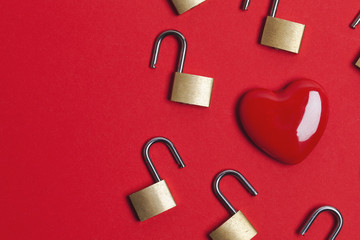 Valentines love concept. Red heart with padlock