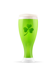 Saint Patrick's Day cold green beer glass with green clover on white background vector illustration