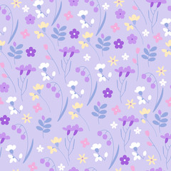 Cute meadow grass and flowers seamless vector pattern.