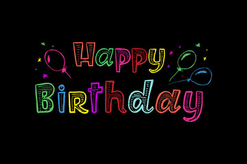 Hand drawn lettering - Happy birthday. Funky child handwritten calligraphy. Vector illustration. Happy Birthday card for children. Joyfull and colorful for cards, invitations, prints etc.