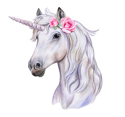 Unicorn with a wreath of flowers. White Horse. Watercolor. Digital art. Illustration. Template. Clipart