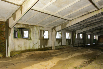 Old destroyed by time and vandals industrial building of the times of the USSR. December 2017