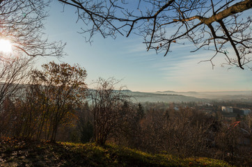 cloudy misty morning sunbeam in Budakeszi, Hungary, fall weather in January