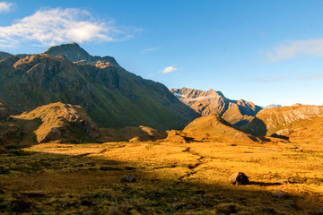 Route Burn Track Great Walk in New Zealand. Mountain landscape Southern Alps