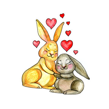 Cute bunny watercolor illustration. Little beautiful rabbits.