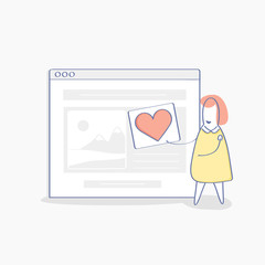 Like on web page, sign of love, sympathy, interest, preferences, comment. Cute cartoon follower woman holds heart or like in her hands. Social media vector icon concept, flat outline icon design.