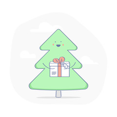Christmas or New Year's tree with gift on a green background. Flat outline cute vector illustration for holiday.