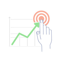 Reach the goal, aim, growing business graph. Businessman manages financial growth graph. Template investment. Vector illustration flat design. Finger up holding chart arrow to target, aim.