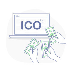 Blockchain ICO, Initial Coin Offering startup vector illustration. IT startup crowdfunding. Hands give money. Laptop with ICO sign. Outline vector illustration icon concept.
