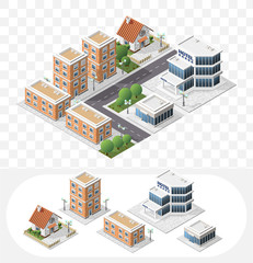 Set of Isolated High Quality Isometric City Elements on Transparent Background