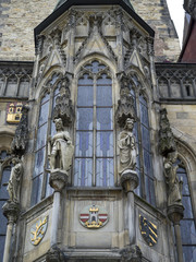 Low angle view of statues on a tower, Prague, Czech Republic