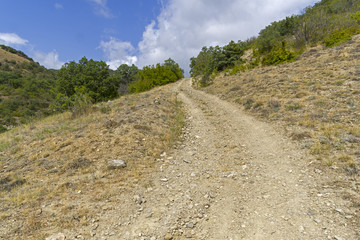 Steep descent on a dirt road.