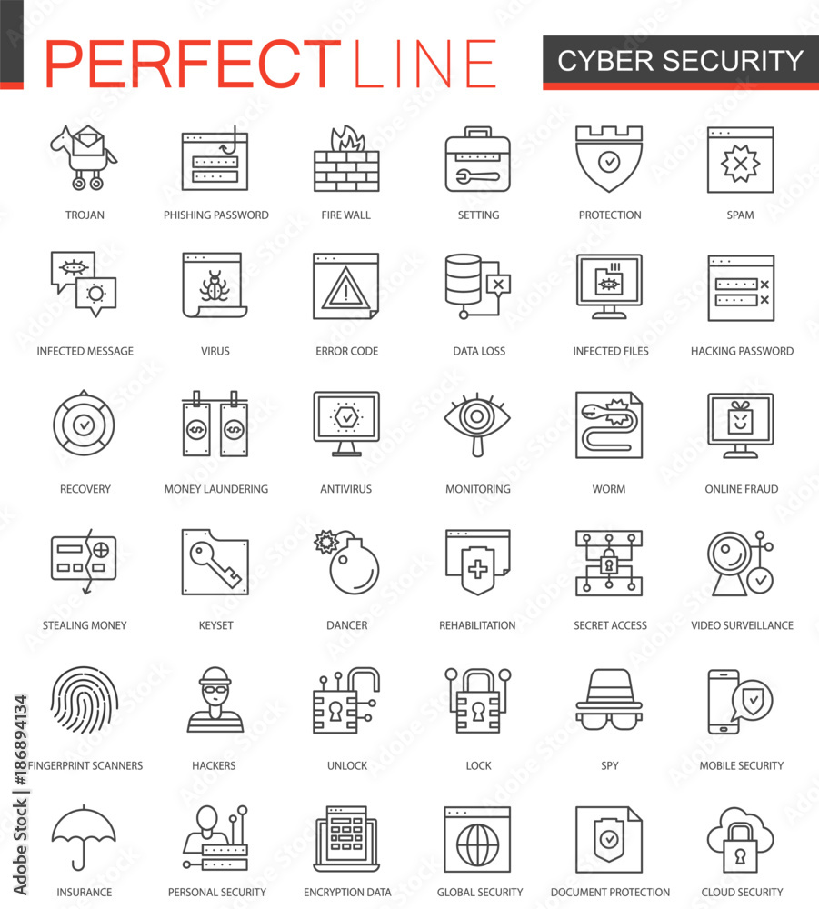Poster cyber security thin line web icons set. network safety outline stroke icons design.