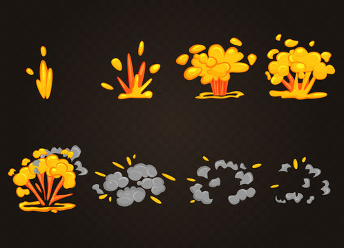 Vector front cartoon boom explosion effect with smoke. Smooth flash bomb explode animation for game.