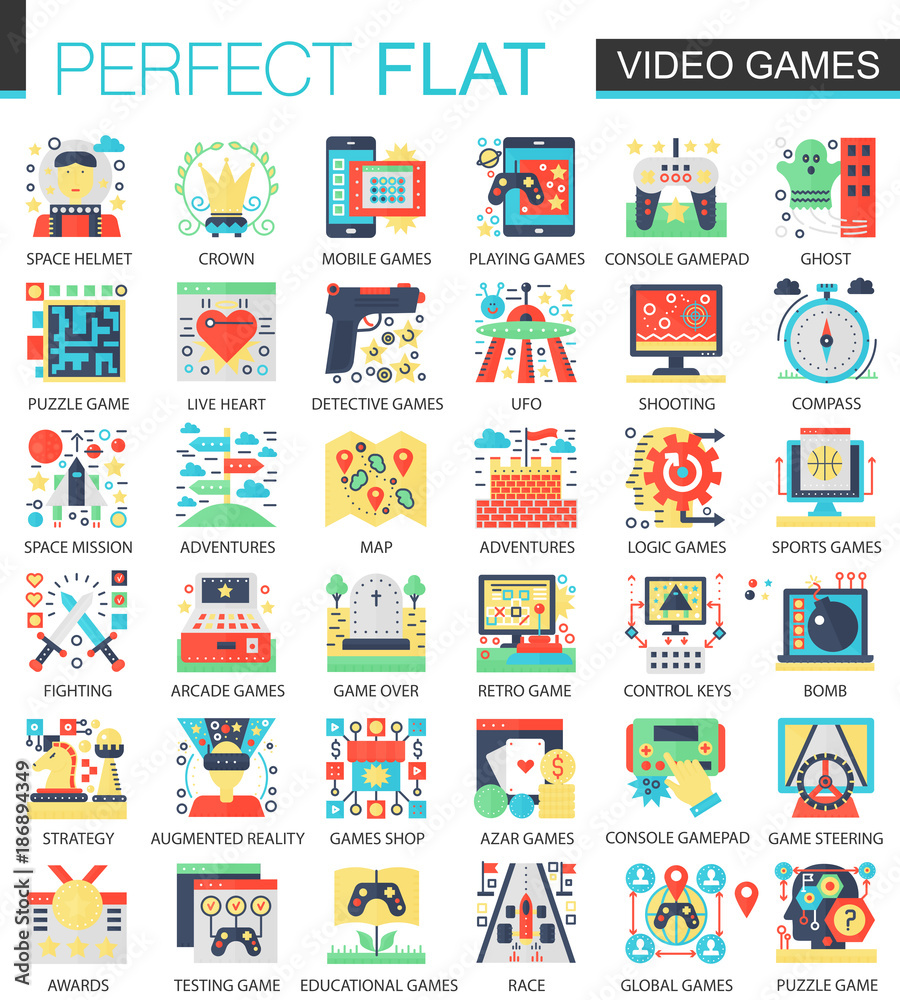 Poster video games, console game vector complex flat icon concept symbols for web infographic design.