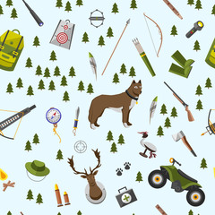 camping trip seamless pattern. accessories and base camp. hike outdoor adventure elements. tourism, engraved hand drawn in old sketch, vintage style. backpack and lantern, tent and deer and gun.