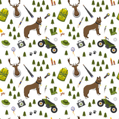 camping trip seamless pattern. accessories and base camp. hike outdoor adventure elements. tourism, engraved hand drawn in old sketch, vintage style. backpack and lantern, tent and deer and gun.