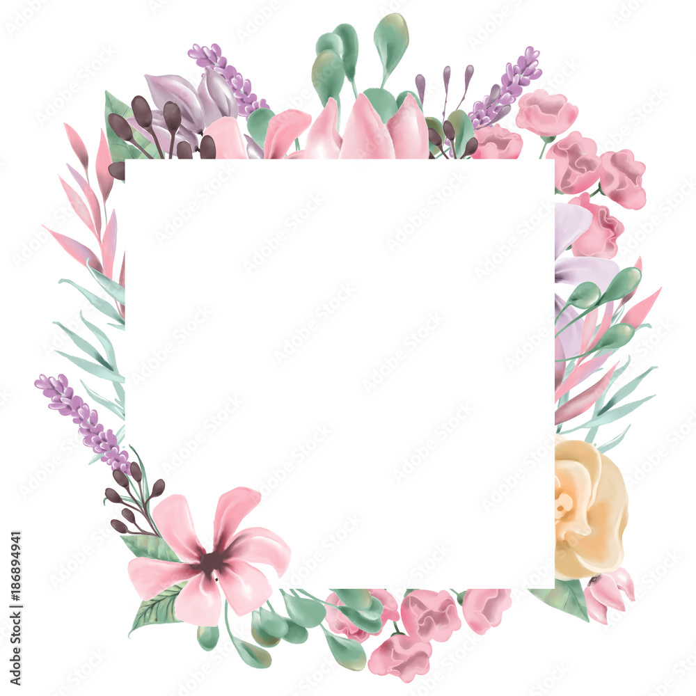 Wall mural beautiful watercolor flowers, floral wreath, square frame, border, bouquet