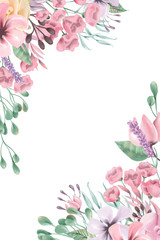 Beautiful watercolor flowers, floral corners, frame, border, bouquet
