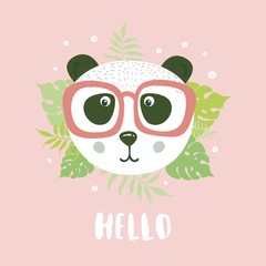  Hello . Cute Panda with tropical leaves. Illustration for greeting cards or children's design.