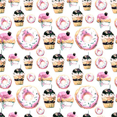 Sweet Seamless Pattern with Cakes, Donuts and Ice-cream. Appetizing Background for Design of Menu, Invitations, Pages of a Cookbook. Wonderful Print for Wrapping Paper, Fabric, Tiles, Wallpaper