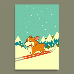 Vector dog skiing on winter mountains background. Welsh corgi dog. Postcard template