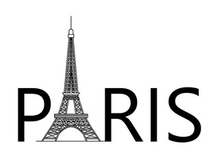 Fototapeta na wymiar silhouette of the Eiffel tower and Paris text, on a white background