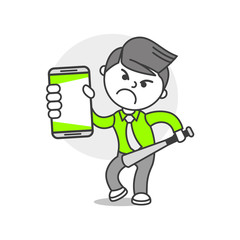 Vector person with phone emotions and mood wicked, agressive with bat, frowned, unrestrained