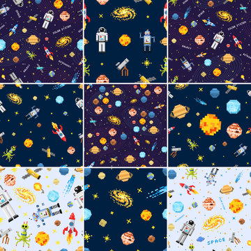 space seamless pattern set background, alien spaceman, robot rocket and satellite cubes solar system planets pixel art, digital vintage game style. Mercury, Venus, Earth, Mars, Jupiter, Saturn.