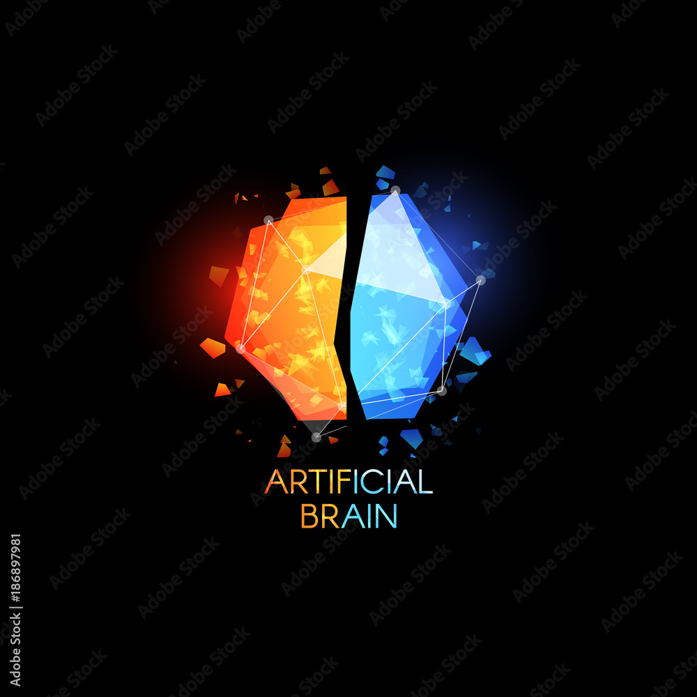 Poster artificial intellect, brain logo. glasses colorful abstract polygonal shapes with shards of glass. v