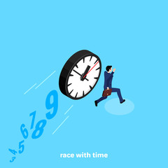 a man in a business suit with a briefcase in his hand runs away from the clock rolling behind him, an image in isometric style