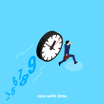 A Man In A Business Suit With A Briefcase In His Hand Runs Away From The Clock Rolling Behind Him, An Image In Isometric Style