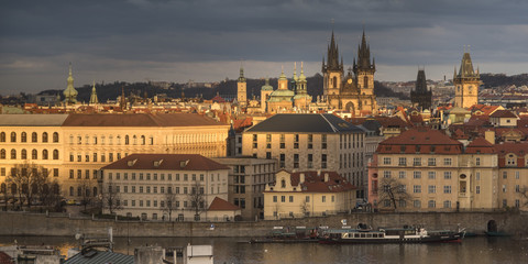 Fototapeta premium View of Prague Old Town from Lesser Town Bridge Tower, Prague, Czech Republic