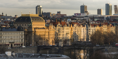 Fototapeta na wymiar View of Legion Bridge and buildings in Prague New Town from Lesser Town Bridge Tower, Prague, Czech Republic