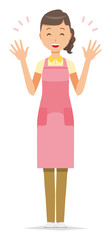 A female home helper wearing an apron has spread both hands