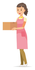 A female home helper in an apron has a cardboard box