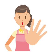 Female home helper wearing an apron is holding one hand