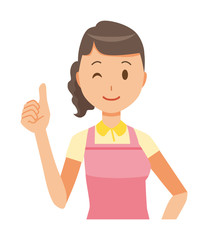 A female home helper wearing an apron is doing a good sign