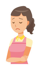A female home helper wearing an apron is depressed