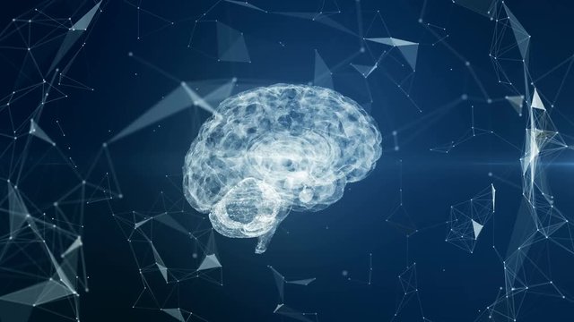 Appearance of rotating human brain out of binary code with flying abstract background data around. Animation of artificial intelligence transformation - Powered by Adobe