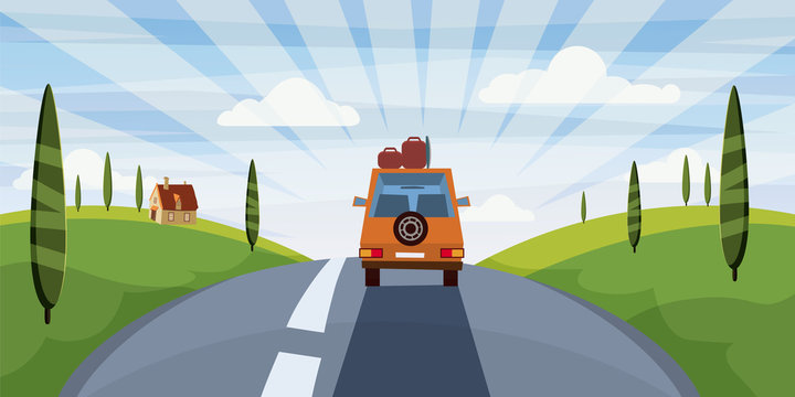 Highway travel summer, road, car, cute landscape, cartoon style, vector, illustration, isolated