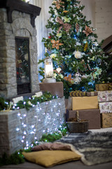 Fototapeta na wymiar Christmas decorations, Christmas tree, gifts, new year