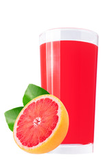 Glass with grapefruit juice and cut fruits isolated on white