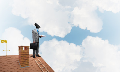 Concept of home security and privacy protection with camera headed man
