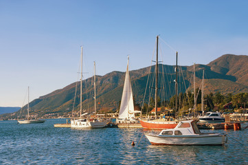 Fototapeta na wymiar Yachts and fishing boats on the water on a sunny day. Montenegro, Bay of Kotor (Adriatic Sea), Tivat