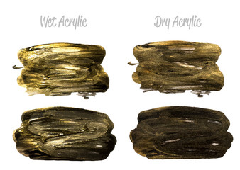 Vector black and gold paint smear stroke stain set. Abstract gold glittering textured art illustration. Brush stroke isolated on white. Hand painted backdrop for greeting, gift, wedding, birthday card